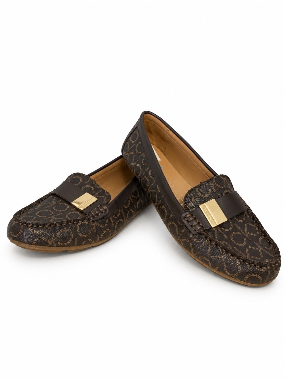Calvin Klein Brown Logo-Print Penny Loafers with Gold Accent